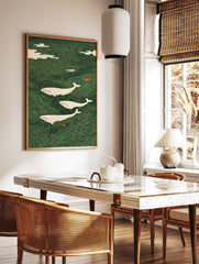 Three white whales swim through a green wave pattern ocean with small orange fish and white clouds in a Japanese art style. - Image 3