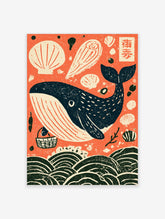 Japanese woodblock style whale art print with shells, basket, kanji, and waves on coral red background