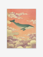 Japanese style Whale Wall Art featuring a blue whale swimming through peach and purple clouds in a surreal sky.