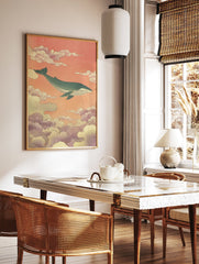 Japanese style Whale Wall Art featuring a blue whale swimming through peach and purple clouds in a surreal sky. - Image 2