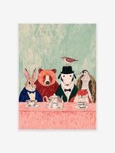 Whimsical animal art print of a rabbit, bear, dog, penguin, and fox having a tea party at a pink table.