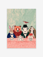 Whimsical animal art print of a rabbit, bear, dog, penguin, and fox having a tea party at a pink table.