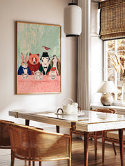 Whimsical animal art print of a rabbit, bear, dog, penguin, and fox having a tea party at a pink table. - Image 2