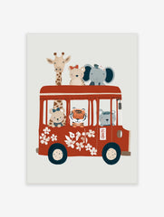 Whimsical illustration of cartoon animals (giraffe, bears, elephant, tiger) riding a red bus with white flowers