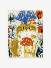 Whimsical cat and mushroom art print with ginger cat, blue mushroom, red toadstool, and floral background