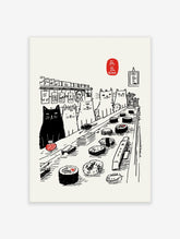Illustrative print of cats observing sushi on a conveyor belt, with a black cat and Japanese text in a red seal