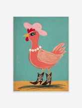 Illustrative chicken wearing pink cowboy hat, pearl necklace, and cowboy boots against teal background
