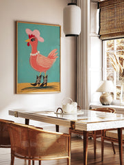 Illustrative chicken wearing pink cowboy hat, pearl necklace, and cowboy boots against teal, in a styled room mockup