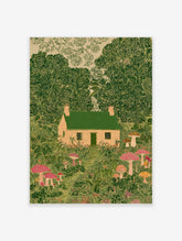 Illustrative print of a whimsical cottage with green roof, surrounded by lush green trees and colourful mushrooms