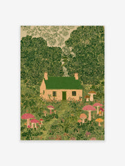 Illustrative print of a whimsical cottage with green roof, surrounded by lush green trees and colourful mushrooms
