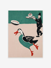 Whimsical illustrative print of a running teal duck with red beak and a waiter carrying a lidded dish