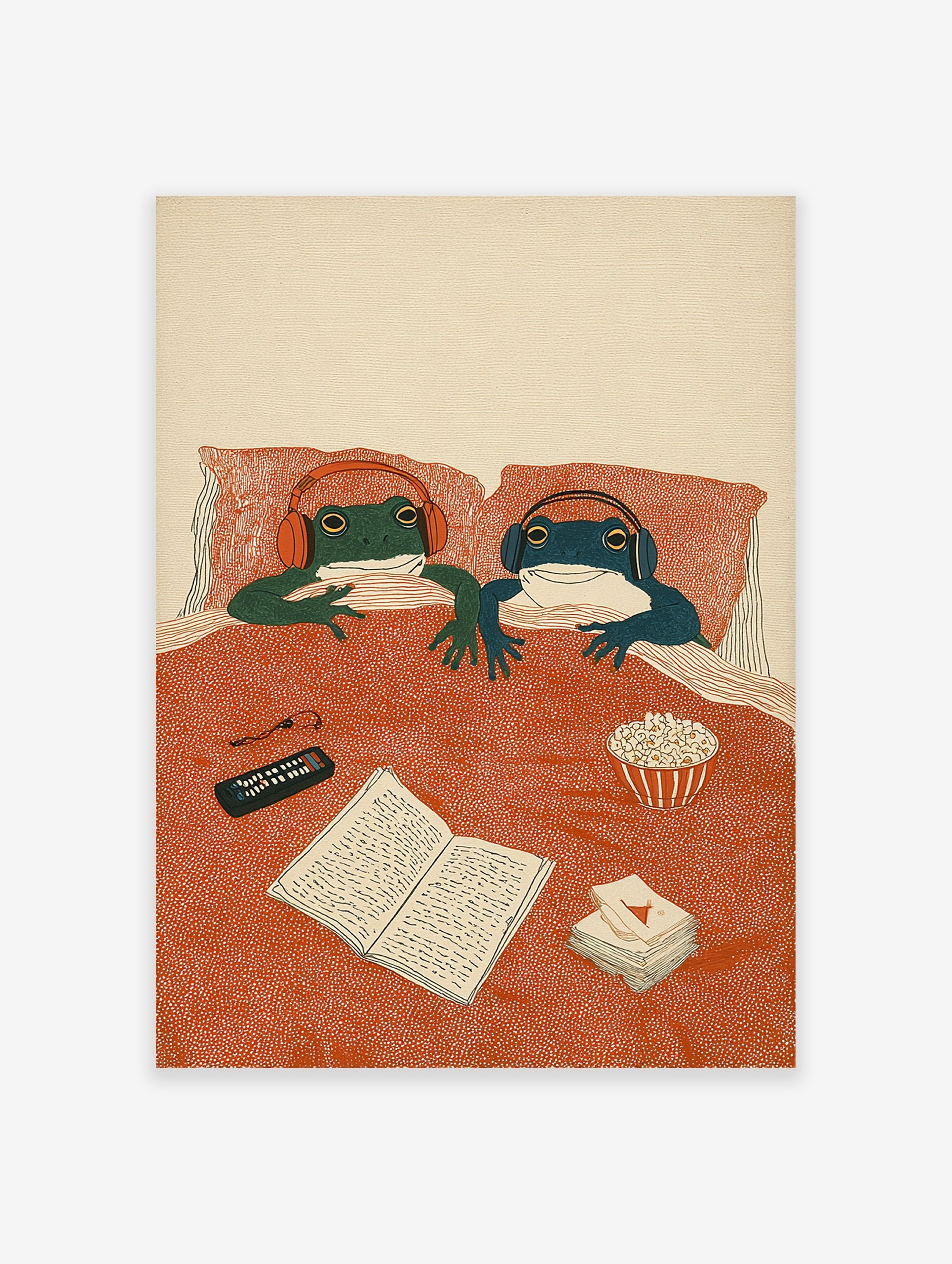 Illustrated frog art print of two frogs in bed with headphones, remote, book, and popcorn, enjoying a cozy night in.
