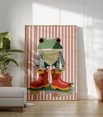 Whimsical frog wall art wearing a striped shirt and red rain boots against a pink and white striped background. - Image 3