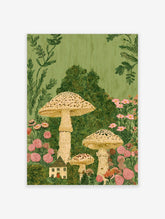 Whimsical illustration of tall speckled mushrooms, a small cottage, and pink flowers in lush green garden
