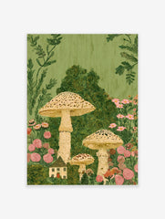 Whimsical illustration of tall speckled mushrooms, a small cottage, and pink flowers in lush green garden