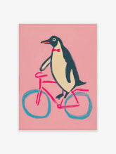 Illustrative penguin with pink bow tie riding a bicycle on a pink background art print