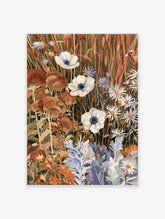 Botanical illustration of white anemone flowers, daisies, and wild grasses in earth tones, suitable for wall decor