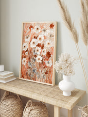 White anemone flower illustration with rust-coloured foliage and grasses in a watercolour, in an alternate framed mockup