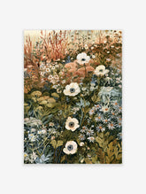 Botanical art print of white anemone flowers and wild grasses in an earthy, illustrative meadow scene