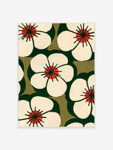 White anemone flower art print with dark green leaves and red centres on cream background