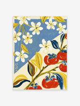 White blossom and red tomato botanical art print with blue leaves on a blue and cream background