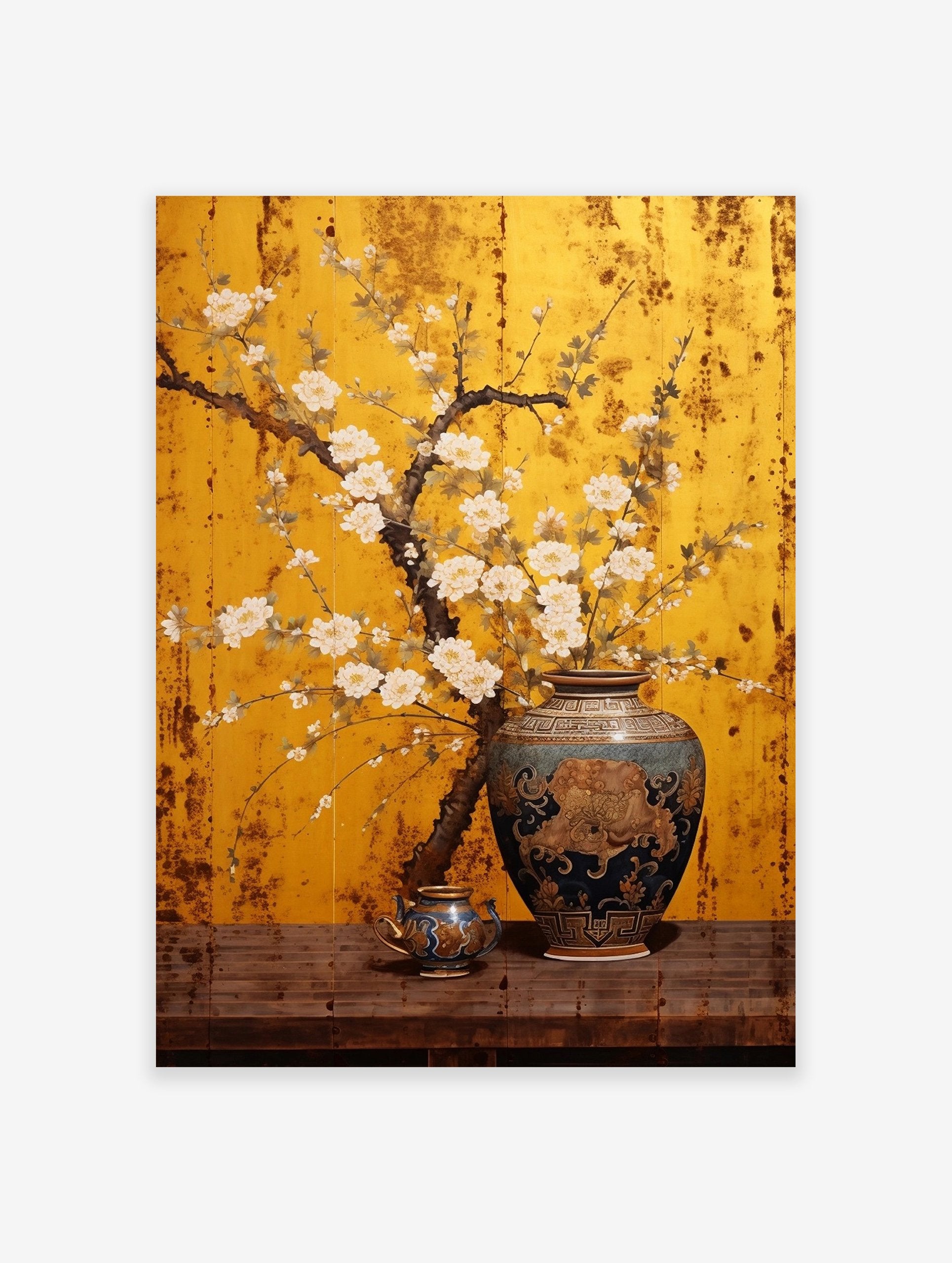 Asian floral poster with white blossoms in an ornate blue vase on a wooden table against a gold screen background.