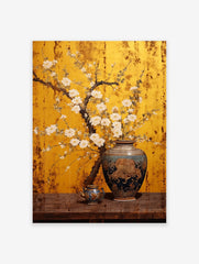Asian floral poster with white blossoms in an ornate blue vase on a wooden table against a gold screen background.