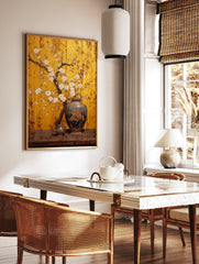 Asian floral poster with white blossoms in an ornate blue vase on a wooden table against a gold screen background. - Image 2