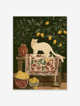 Illustration of a white cat sitting on a patterned rug on a stool, surrounded by lemon tree branches and lemons in baskets.