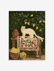 Illustration of a white cat sitting on a patterned rug on a stool, surrounded by lemon tree branches and lemons in baskets.