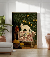 Illustration of a white cat sitting on a patterned rug on a stool, surrounded by lemon tree branches and lemons in baskets. - Image 3