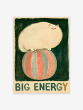 White cat sitting on a red and blue striped balloon with Big Energy text on a dark green background
