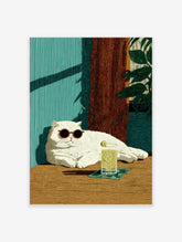 Illustrative print of a white cat in sunglasses with a lime drink, against a teal wall and wooden panel