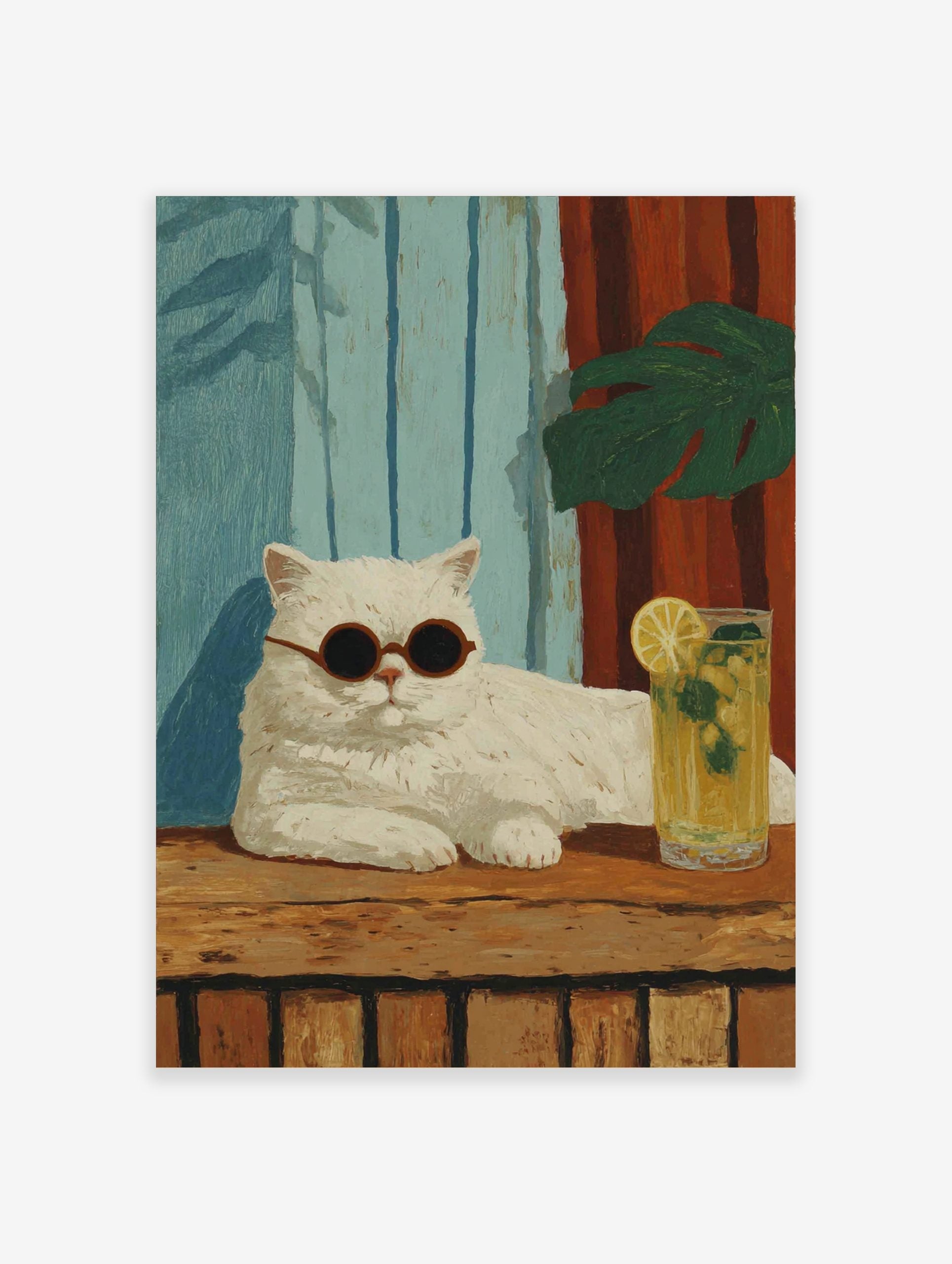 Illustrative white cat with round sunglasses, lemonade, blue and red striped background, green leaf