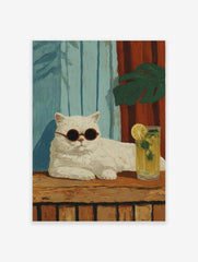 Illustrative white cat with round sunglasses, lemonade, blue and red striped background, green leaf