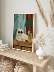 Illustrative white cat with round sunglasses, lemonade, blue and red striped background, in an alternate framed mockup