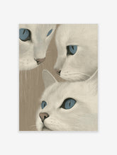 White cat wall art print with three blue-eyed cats in a close-up portrait composition