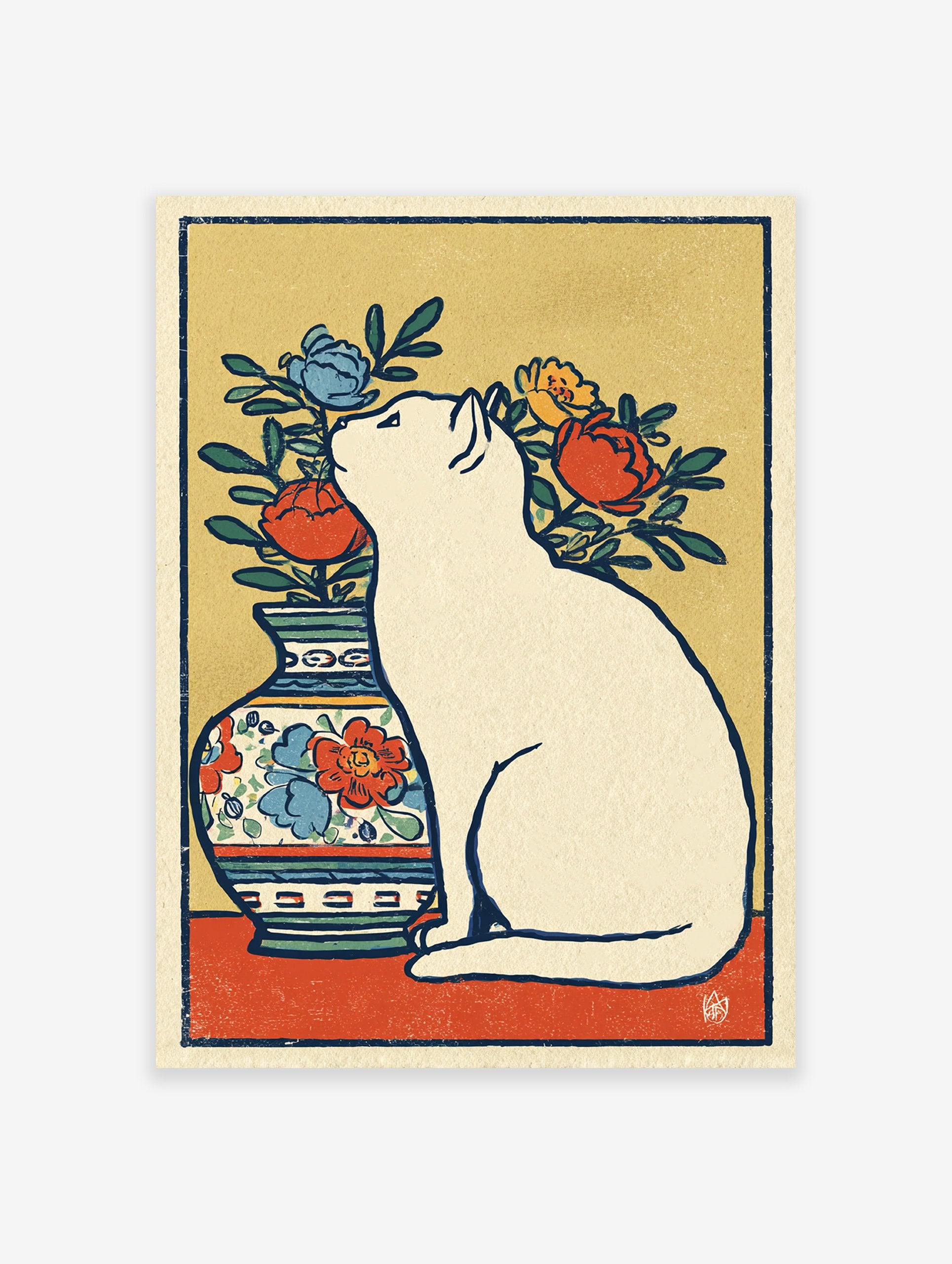 White cat wall art sitting next to a vase with red, blue, and yellow flowers in an illustrated, vintage style.