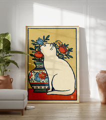 White cat wall art sitting next to a vase with red, blue, and yellow flowers in an illustrated, vintage style. - Image 3