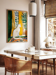 White cat wall art painting featuring a serene cat looking out a window with yellow curtains and green plants on a patterned rug. - Image 3