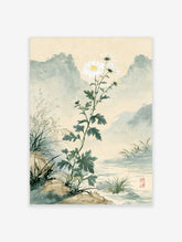White chrysanthemum flower botanical art print with green leaves and misty mountain background