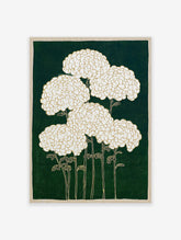 White chrysanthemum botanical illustration wall art with gold outlines on a dark green background and a beige border