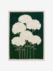 White chrysanthemum botanical illustration wall art with gold outlines on a dark green background and a beige border