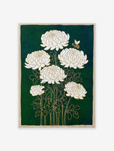 White Chrysanthemum Wall Art with gold outlines and a bee on a dark green background, featuring a botanical illustration style.