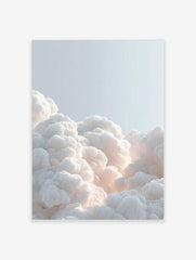 Voluminous white clouds with soft, warm glow against a light blue sky, filling the bottom of the frame
