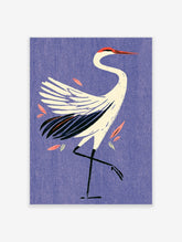 White crane bird poster with red crown and black tail on purple background with coral leaves