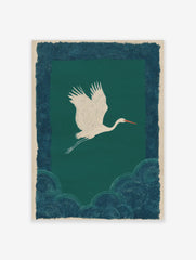 White crane flying against teal background with patterned dark blue borders in illustrative style