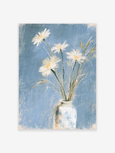 White daisy flower poster with three blooms in a textured vase on a blue background