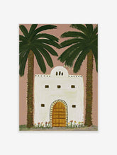 White desert house with arched wooden door between two palm trees on pink sky, illustration art print