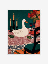 Illustrative print of a white duck at a dining table with candles, flowers, wine glasses, and a patterned tablecloth